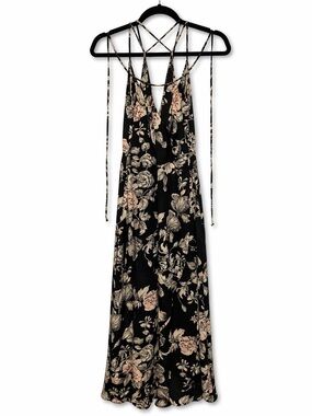 ASTR Floral Maxi Dress Strappy Open Back Black Pink Small Flowy Whimsy Goth